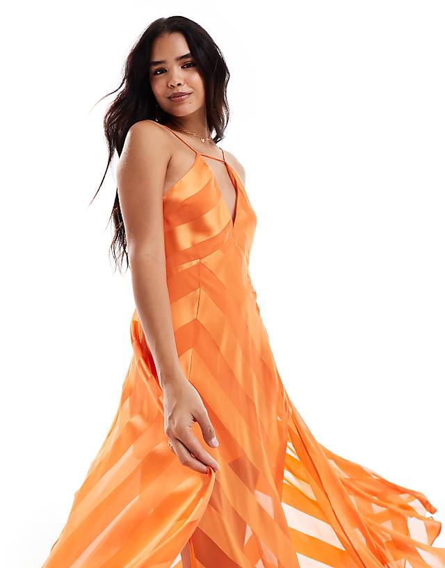 Asos ASOS DESIGN Satin Stripe Volume Trapeze Cami Maxi Dress In Orange