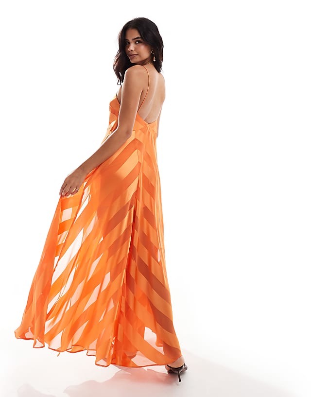 Asos ASOS DESIGN Satin Stripe Volume Trapeze Cami Maxi Dress In Orange