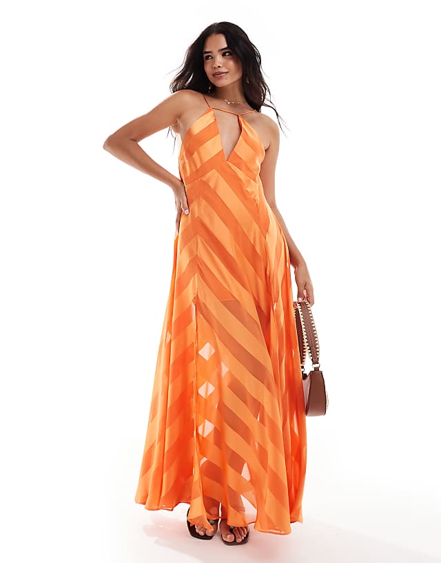 asos ASOS DESIGN satin stripe volume trapeze cami maxi dress in orange