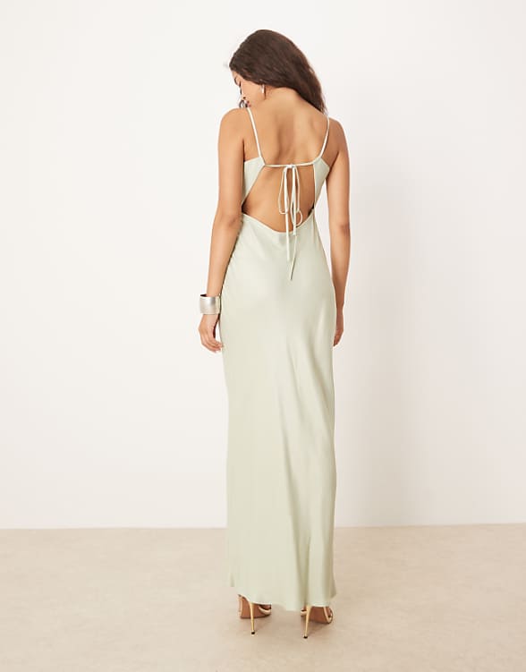 Asos ASOS DESIGN Satin Tie Back Maxi Dress In Sage Green