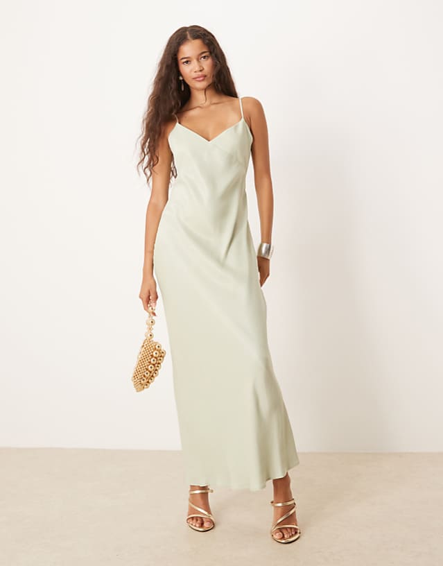 asos ASOS DESIGN satin tie back maxi dress in sage green