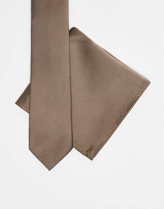 asos ASOS DESIGN satin tie with pocket square in mid brown