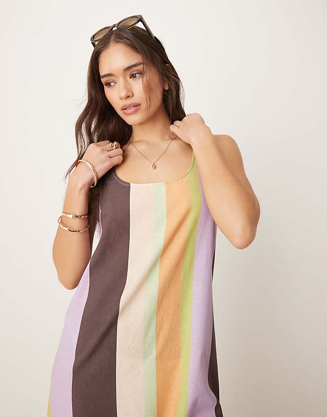 Asos ASOS DESIGN Scoop Neck Cotton Linen Midi Dress In Stripe