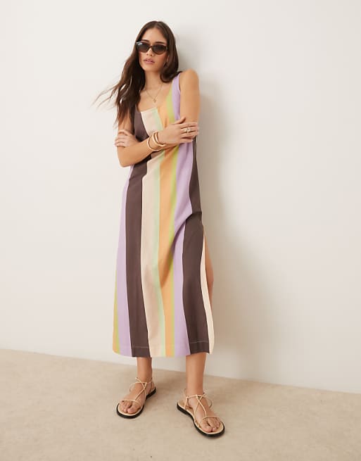 asos ASOS DESIGN scoop neck cotton linen midi dress in stripe