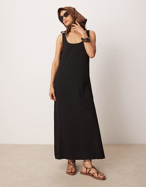 Asos ASOS DESIGN Scoop Neck Midi Dress In Linen In Black