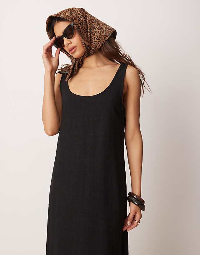 Asos ASOS DESIGN Scoop Neck Midi Dress In Linen In Black