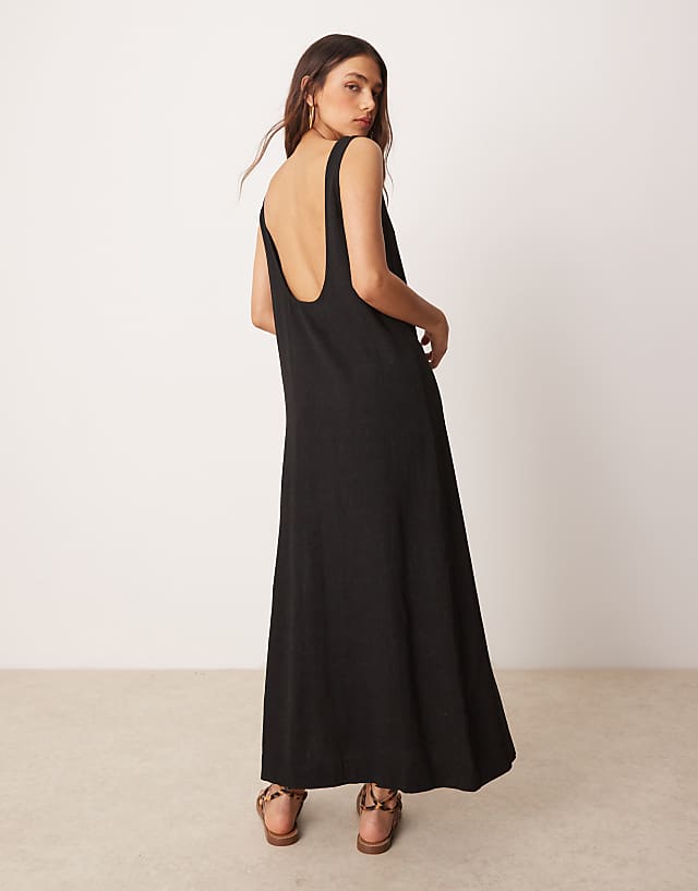 asos ASOS DESIGN scoop neck midi dress in linen in black