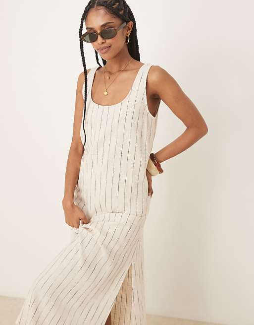 Asos ASOS DESIGN Scoop Neck Midi Dress In Natural Squiggle Linen