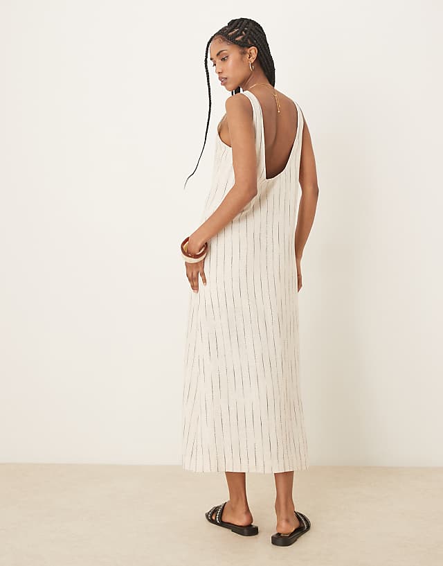 Asos ASOS DESIGN Scoop Neck Midi Dress In Natural Squiggle Linen
