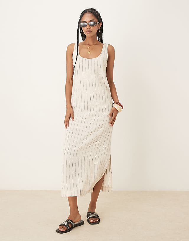 Asos ASOS DESIGN Scoop Neck Midi Dress In Natural Squiggle Linen