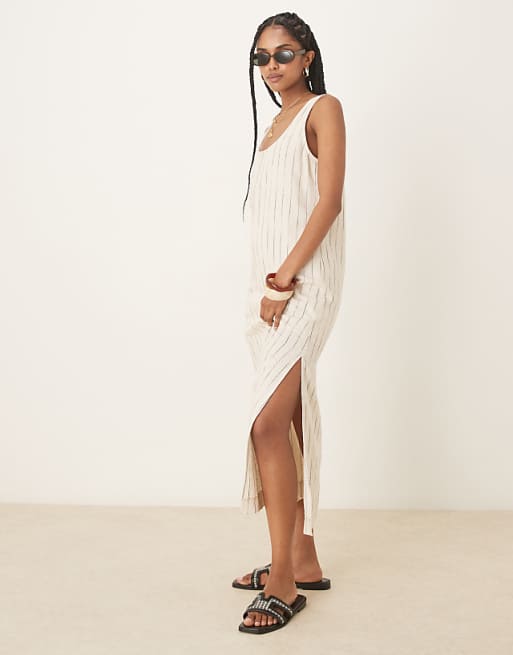 asos ASOS DESIGN scoop neck midi dress in natural squiggle linen