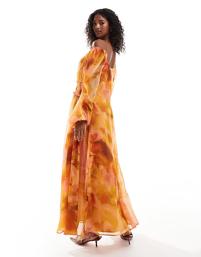 Asos ASOS DESIGN Scoop Neck Shirred Waist Insert Maxi Dress In Orange Floral Print