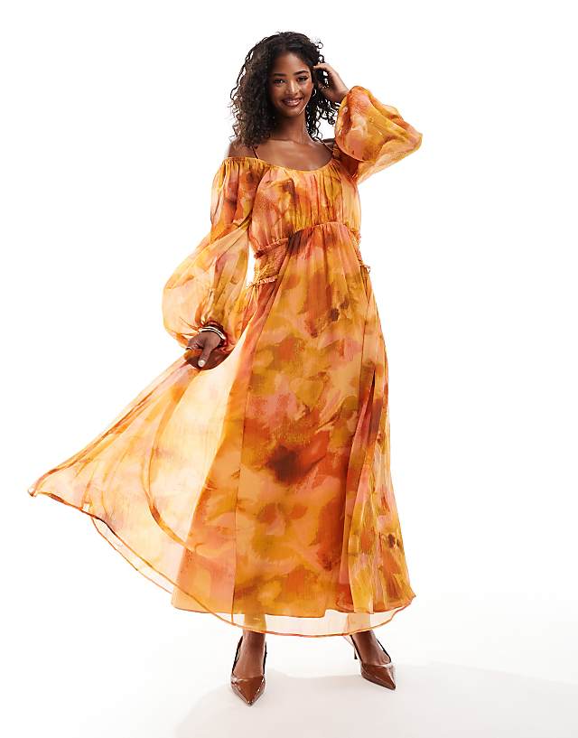 Asos ASOS DESIGN Scoop Neck Shirred Waist Insert Maxi Dress In Orange Floral Print