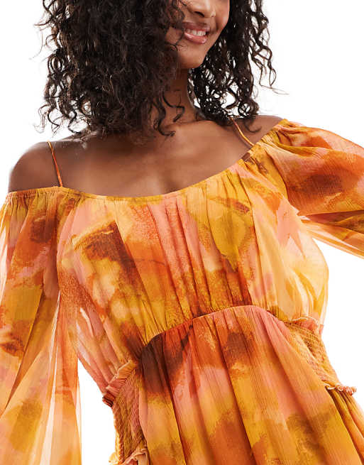 Asos ASOS DESIGN Scoop Neck Shirred Waist Insert Maxi Dress In Orange Floral Print
