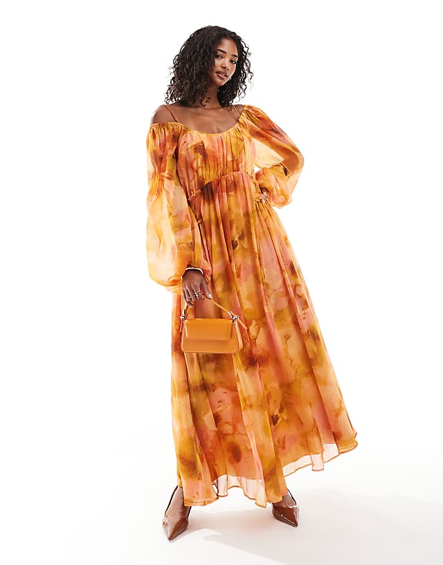 asos ASOS DESIGN scoop neck shirred waist insert maxi dress in orange floral print