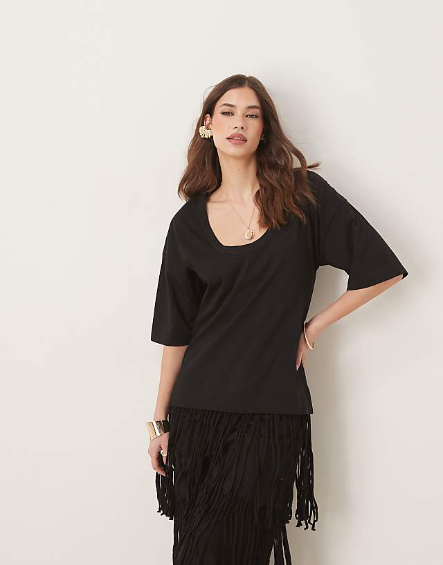 Asos ASOS DESIGN Scoop Neck T Shirt Midi Dress With Fringe Skirt In Black
