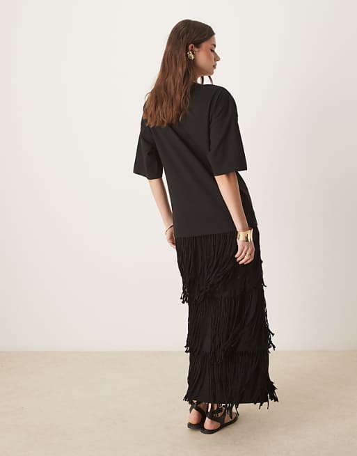 Asos ASOS DESIGN Scoop Neck T Shirt Midi Dress With Fringe Skirt In Black