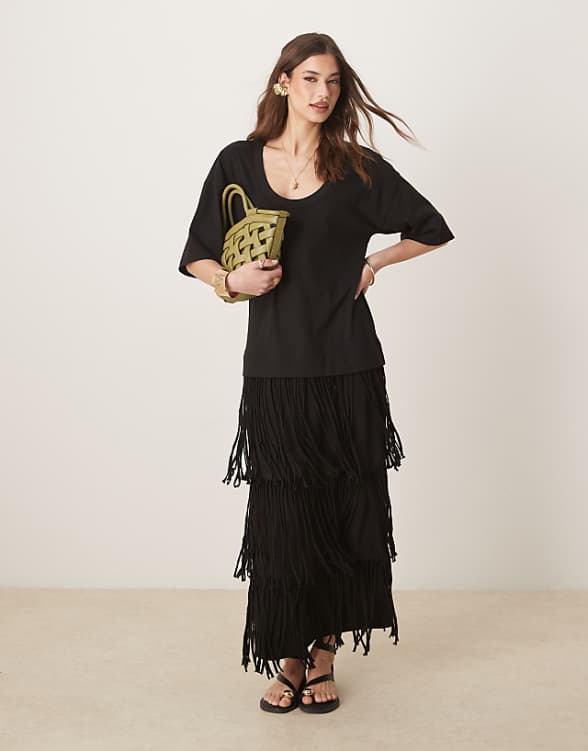 asos ASOS DESIGN scoop neck t shirt midi dress with fringe skirt in black