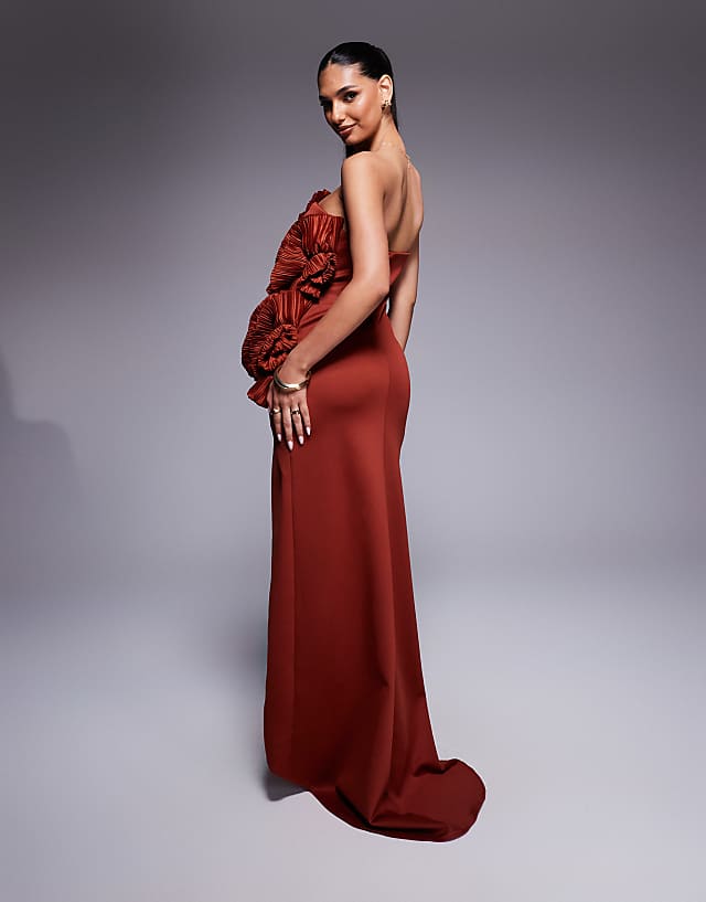 Asos ASOS DESIGN Scuba Bandeau Maxi Dress With Plisse Ruffle Fan Detail In Rust