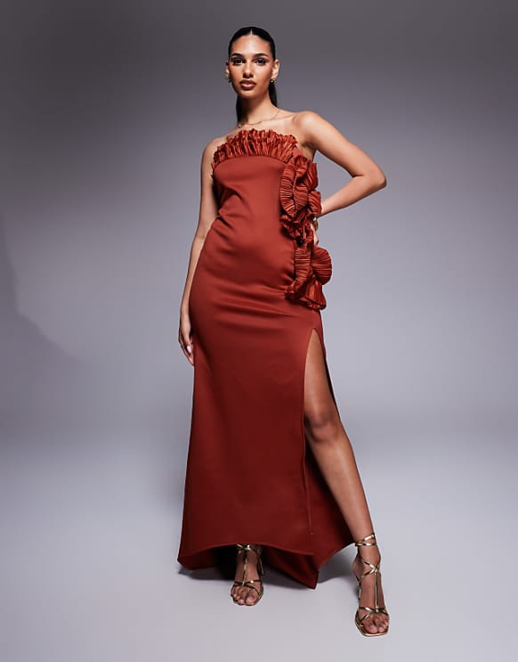 asos ASOS DESIGN scuba bandeau maxi dress with plisse ruffle fan detail in rust