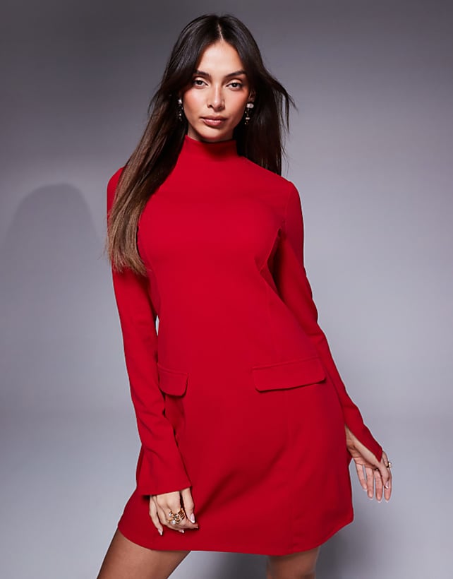 Asos ASOS DESIGN Scuba High Neck Mini Dress With Pocket Detail In Red
