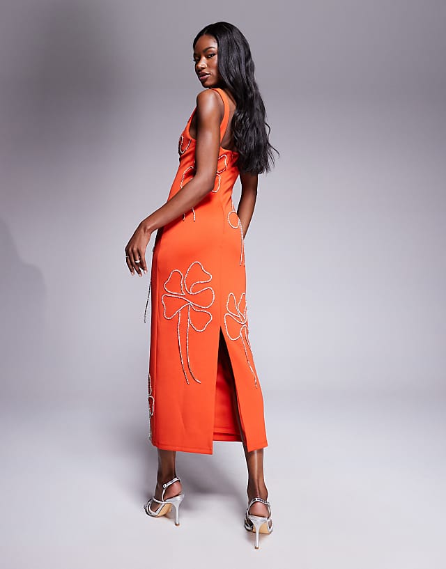 Asos ASOS DESIGN Scuba Sweetheart Neckline Pencil Midi Dress With Flower Chain Embellishment In Orange