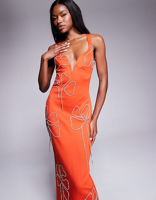 Asos ASOS DESIGN Scuba Sweetheart Neckline Pencil Midi Dress With Flower Chain Embellishment In Orange