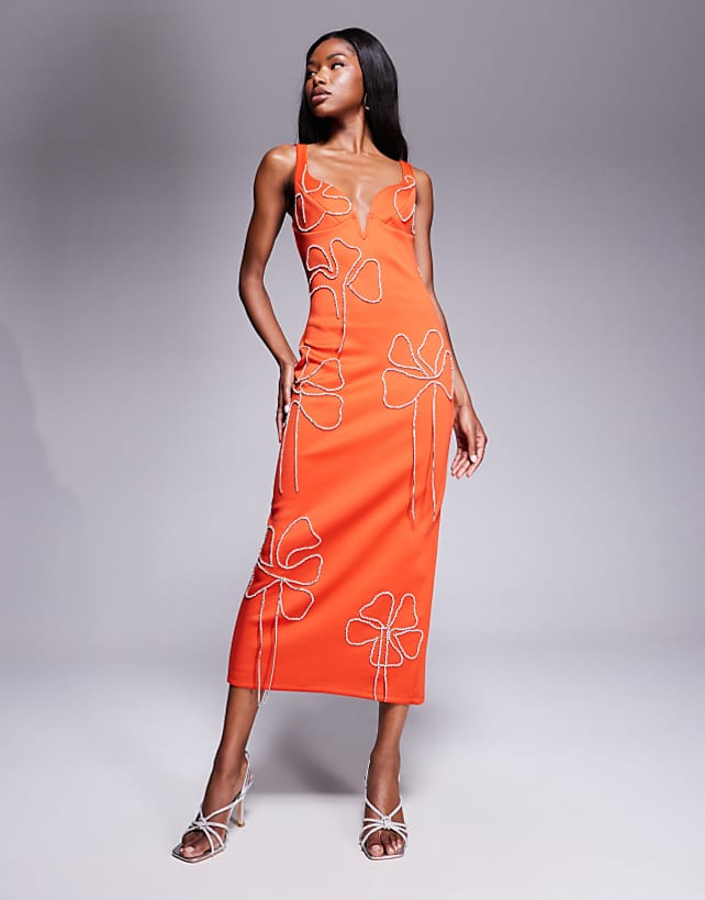 asos ASOS DESIGN scuba sweetheart neckline pencil midi dress with flower chain embellishment in orange
