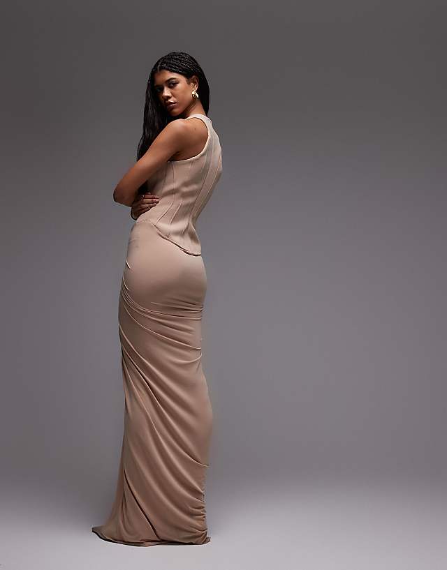 Asos ASOS DESIGN Sculpt Corset Detail Maxi Dress With Drape Skirt In Beige