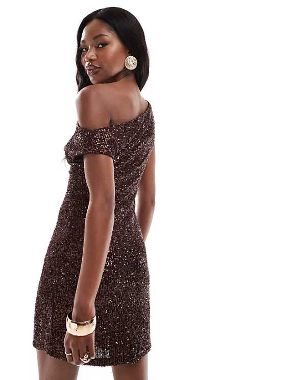 Asos ASOS DESIGN Sequin Asymmetric Off Shoulder Mini Dress In Chocolate