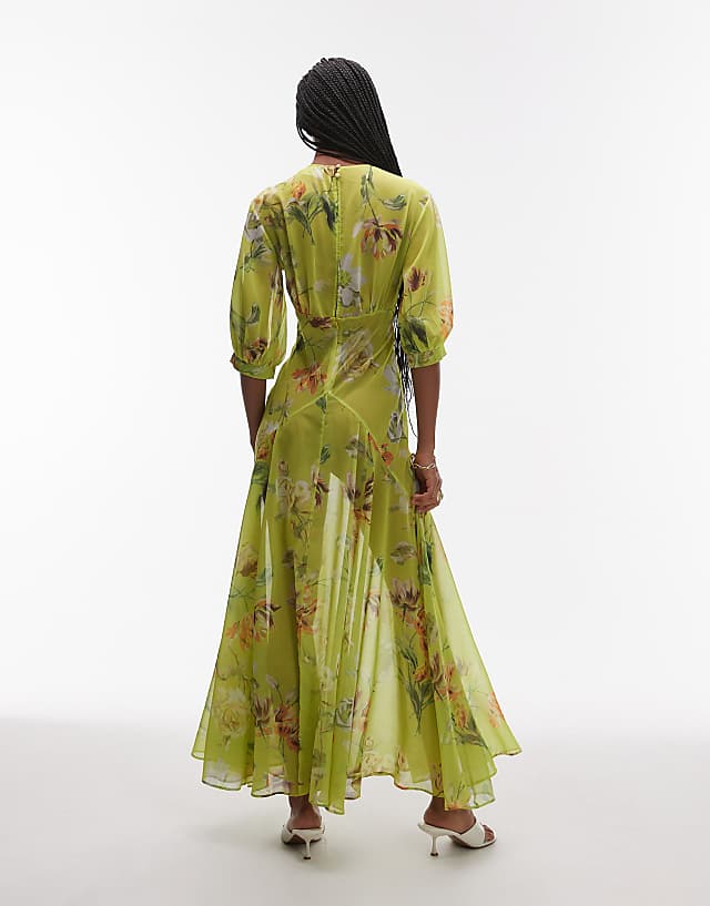 Asos ASOS DESIGN Sheer Seam Detail Maxi Tea Dress In Green Vintage Floral