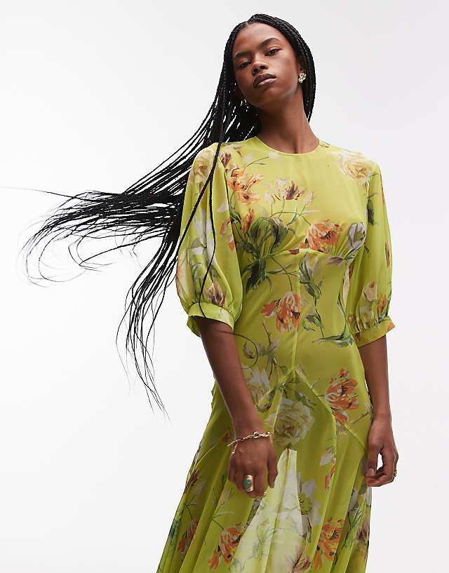 Asos ASOS DESIGN Sheer Seam Detail Maxi Tea Dress In Green Vintage Floral