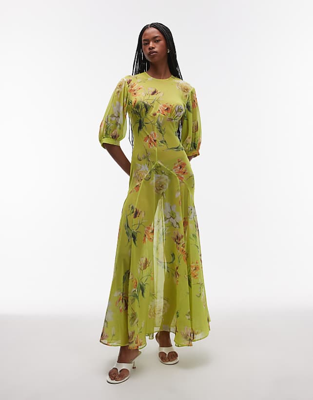 asos ASOS DESIGN sheer seam detail maxi tea dress in green vintage floral