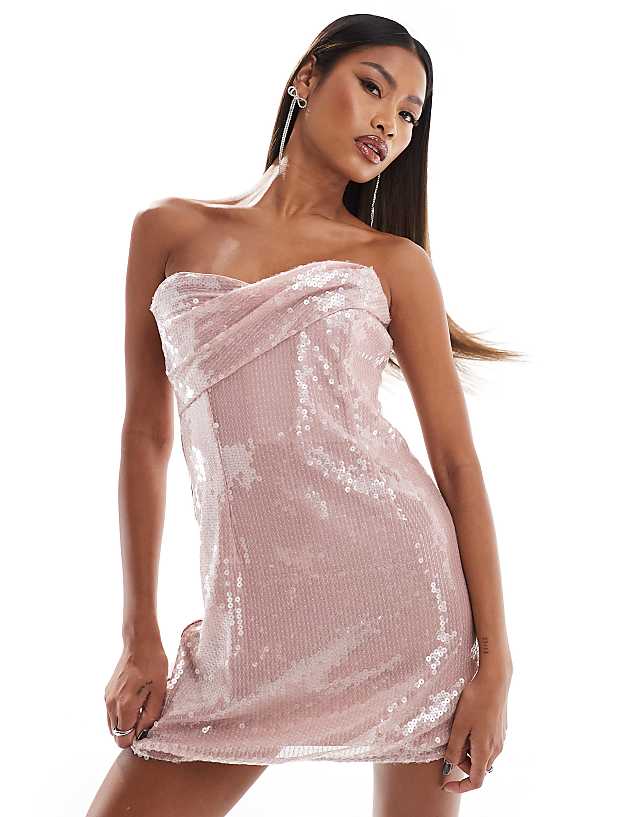 asos ASOS DESIGN sheer sequin draped bandeau mini dress in pale pink