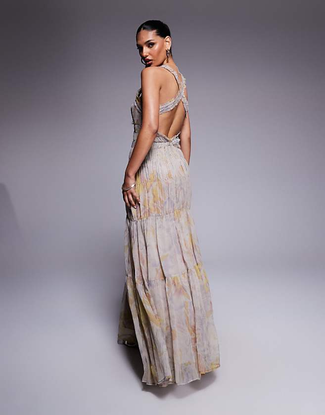 Asos ASOS DESIGN Shirred Tiered Ruffle Trim Maxi Dress In Floral Print