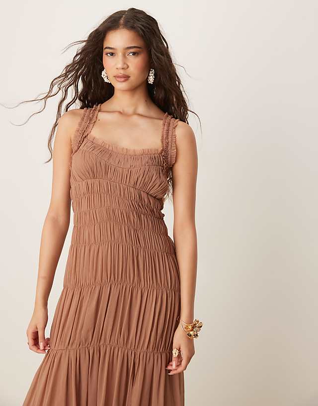 Asos ASOS DESIGN Shirred Tiered Ruffle Trim Maxi Dress In Mauve