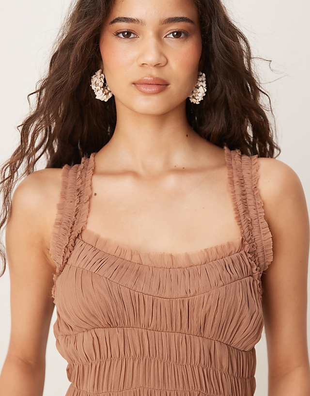 Asos ASOS DESIGN Shirred Tiered Ruffle Trim Maxi Dress In Mauve