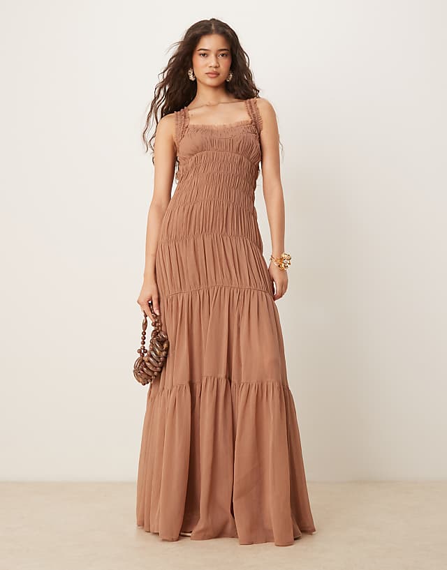 asos ASOS DESIGN shirred tiered ruffle trim maxi dress in mauve