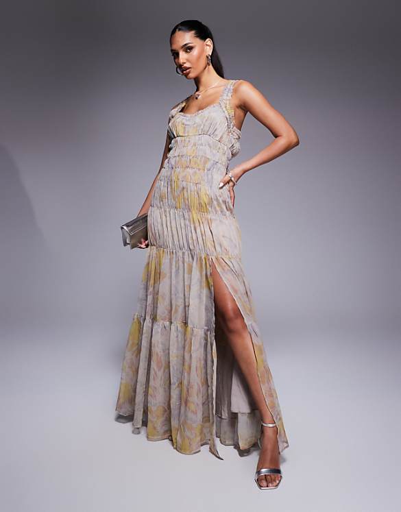 asos ASOS DESIGN shirred tiered ruffle trim maxi dress in floral print
