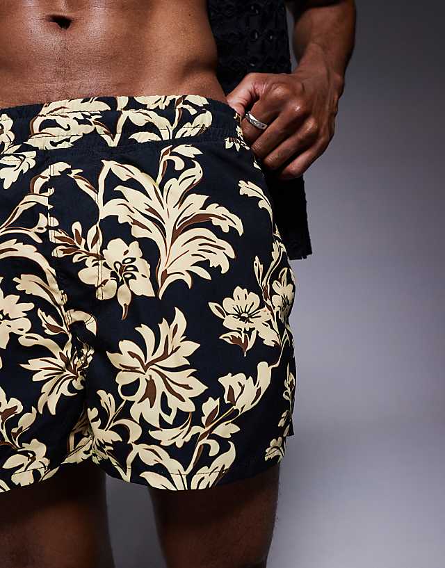 Asos ASOS DESIGN Short Length Swim Shorts In Black Floral Print