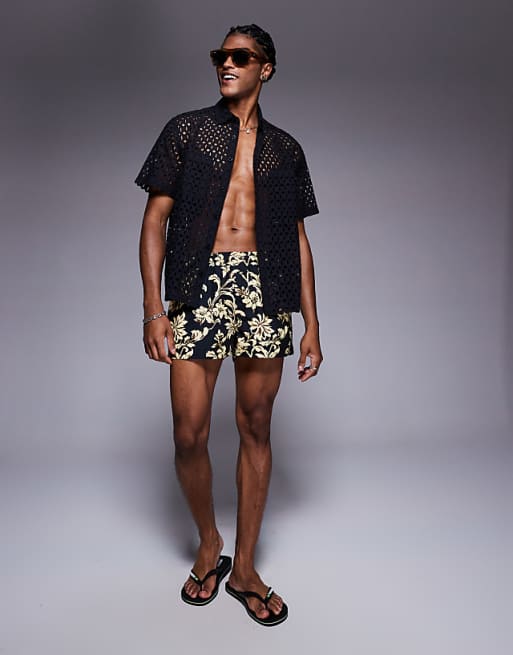 Asos ASOS DESIGN Short Length Swim Shorts In Black Floral Print