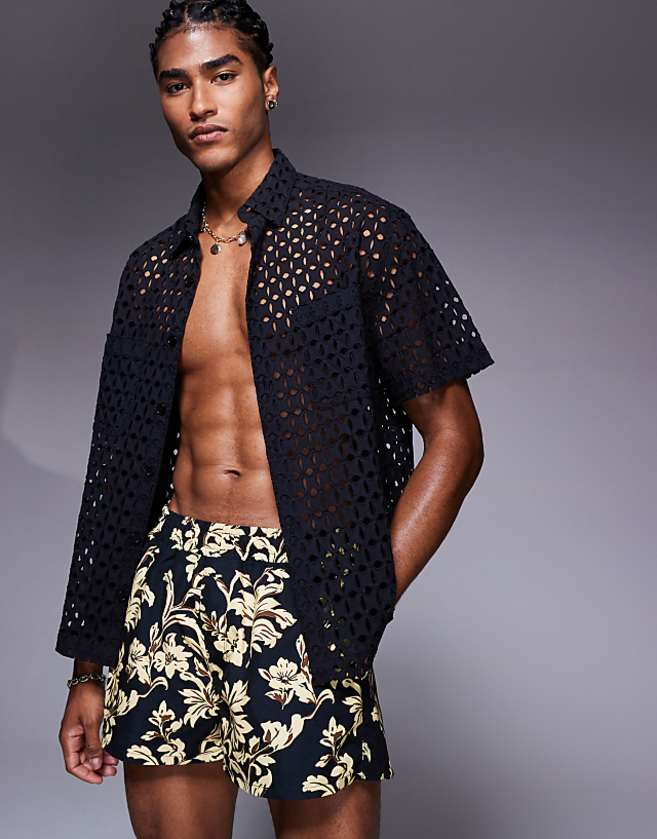 asos ASOS DESIGN short length swim shorts in black floral print