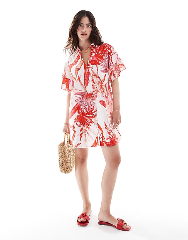 Asos ASOS DESIGN Short Sleeve Linen Boxy Mini Shirt Dress In Red Tropical Print