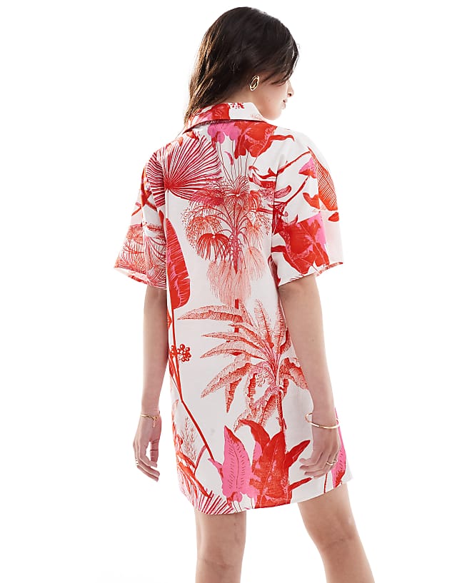 Asos ASOS DESIGN Short Sleeve Linen Boxy Mini Shirt Dress In Red Tropical Print