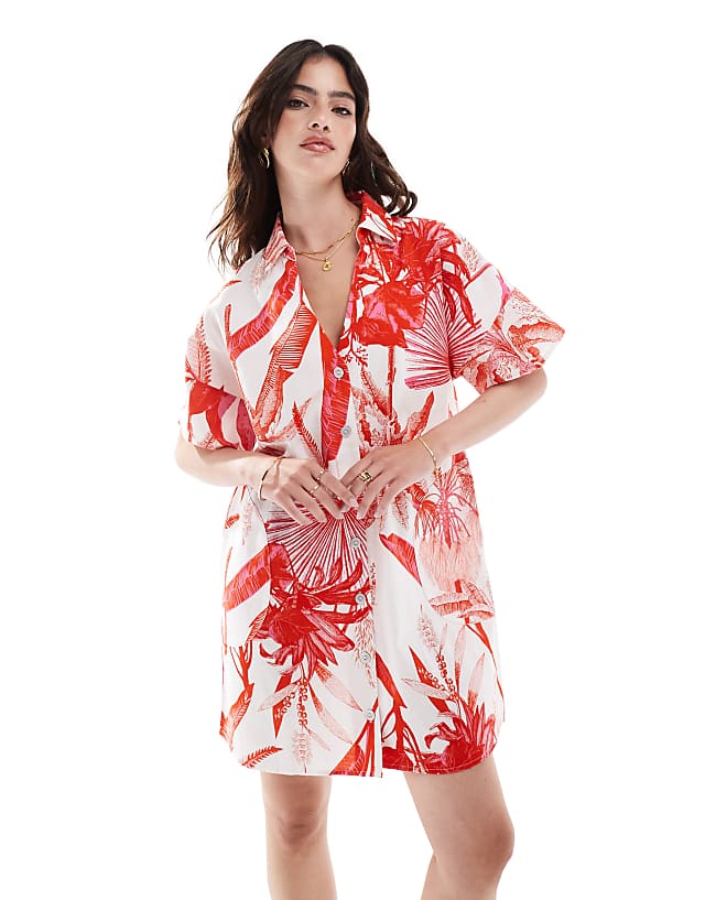 asos ASOS DESIGN short sleeve linen boxy mini shirt dress in red tropical print