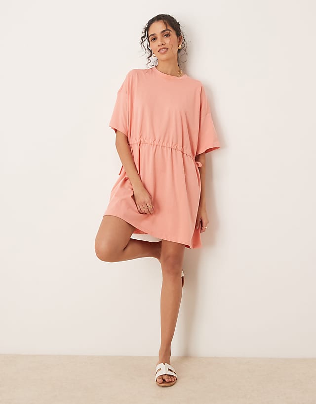 Asos ASOS DESIGN Short Sleeve Mini Dress With Channel Waist In Terracotta