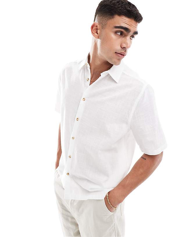 asos ASOS DESIGN short sleeve relaxed linen look shirt in white