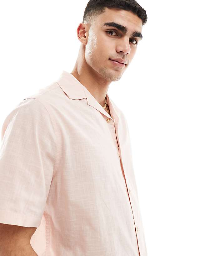 Asos ASOS DESIGN Short Sleeve Relaxed Revere Collar Linen Look Shirt In Pale Pink