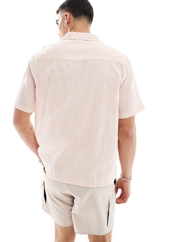 Asos ASOS DESIGN Short Sleeve Relaxed Revere Collar Linen Look Shirt In Pale Pink