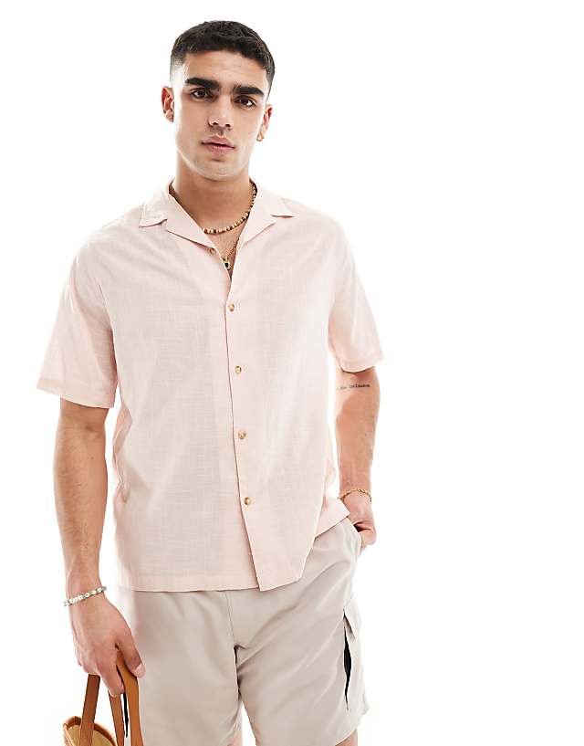 Asos ASOS DESIGN Short Sleeve Relaxed Revere Collar Linen Look Shirt In Pale Pink